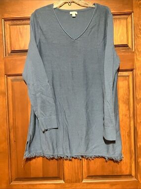 J. Jill Slate Blue V-Neck Long Sleeve Tunic with Fringed Hem